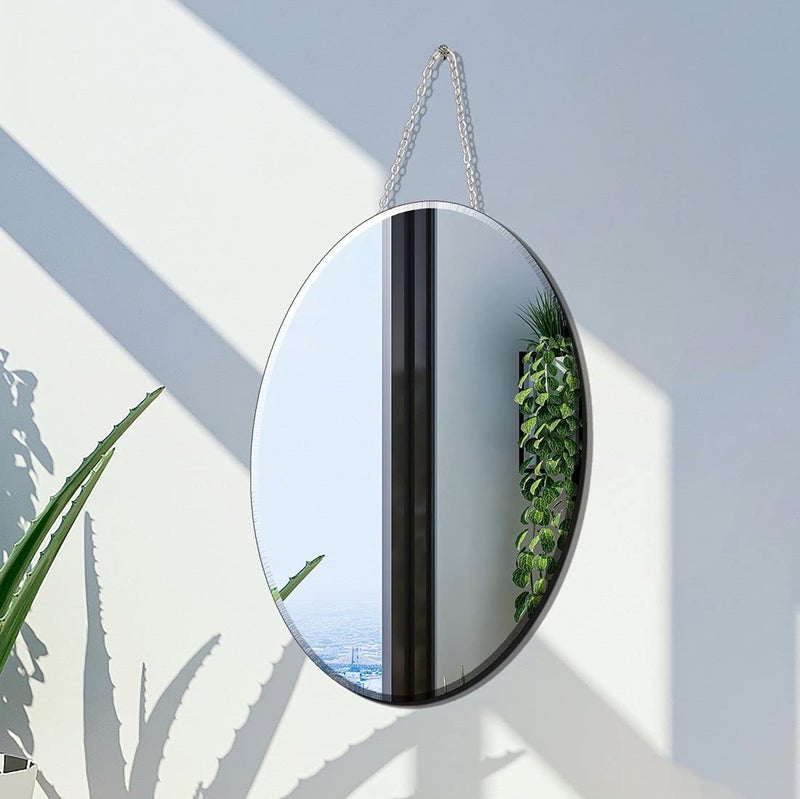 QMDECOR Oval Silver Mirror with Iron Chain - 12x16 inch Vertical or Horizontal Wall Hang Frame Less Mirror - 5 mm Beveled Handicraft Mirror - Image 3